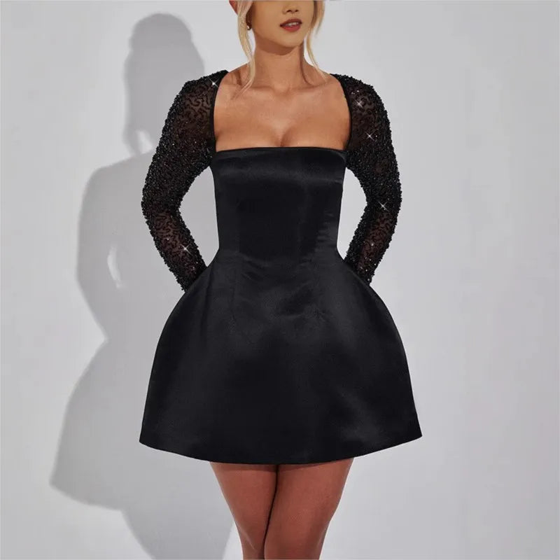 Autumn New Sequins Long Sleeve Mini Dress Chic Square Collar Backless Evening Dress Elegant Ladies Lace Up Exclusive Short Dress Good Vibrations