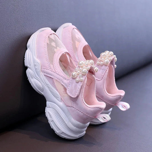 Girls' Mesh Hollowed Tennis Shoes 2024 Summer New Children's Solid Color Pearl Sports Shoes Kids Cute Heart Princess Sneakers Good Vibrations