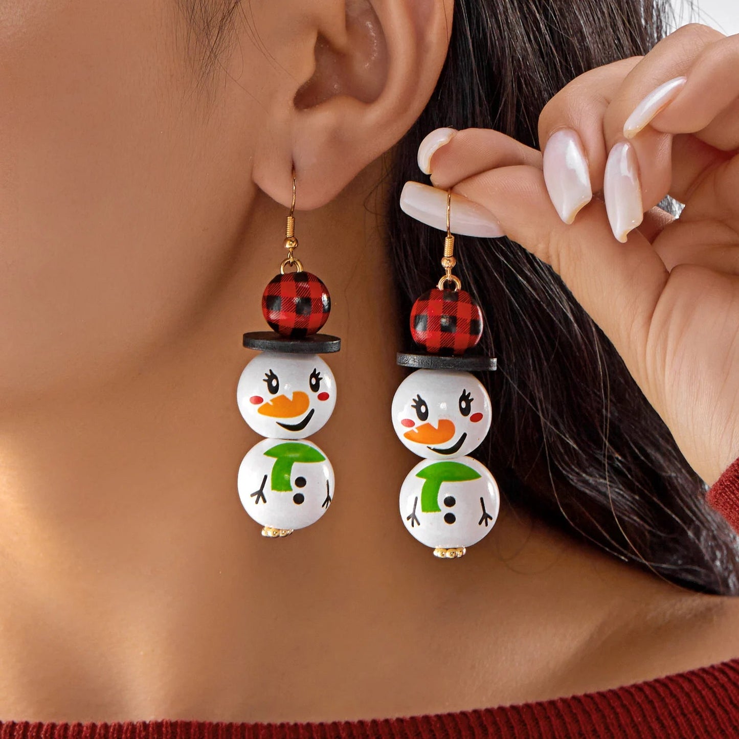 Cartoon Wooden Snowman Dangle Earrings For Women Wear A Hat Cute Santa Claus Wood Beads Earring Christmas Party New Year Gifts Good Vibrations