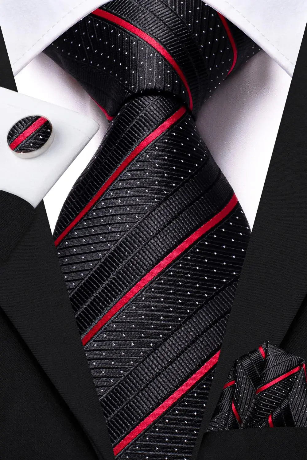 Black Red Striped Silk Wedding Tie For Men Handky Cufflink Gift Men Necktie Fashion Business Party Dropshiping Hi-Tie Designer Good Vibrations