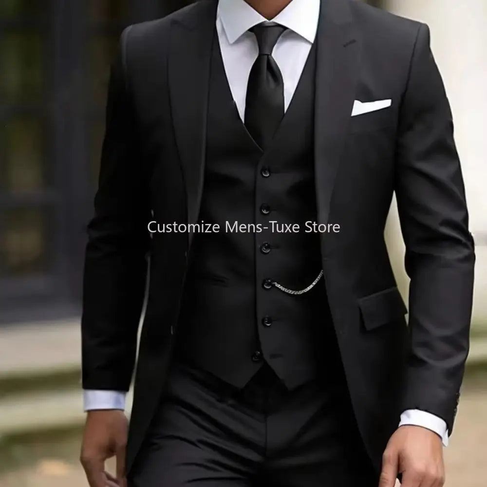 New Beige Suit Men Business Tuxedos Formal 3 Piece Set Jacket Vest Pants Single Breasted Groom Groomsman Prom Wedding Party Good Vibrations