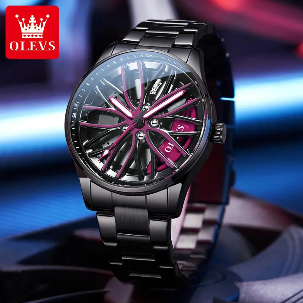 OLEVS Watch for Men 360° Rotary Dial Sport Car Rim Wheel Hub Waterproof Luminous Fashion Stainless Steel Men's Quartz Wristwatch Good Vibrations