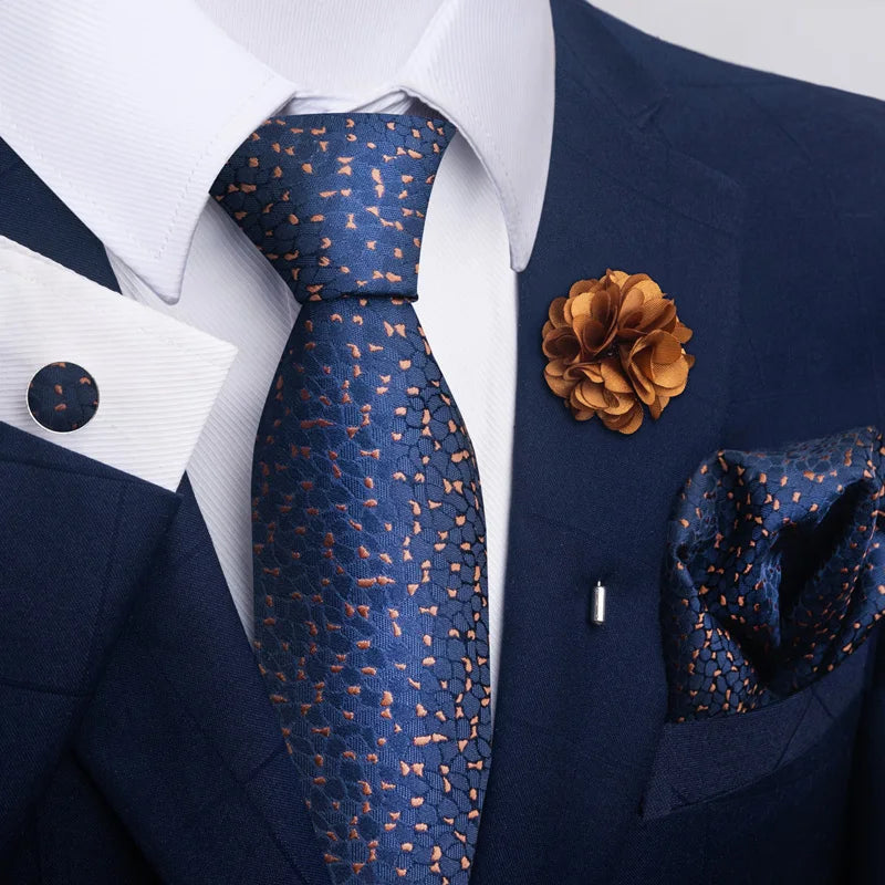 Luxury Mens Ties Floral Black Gold Ties Paisley NeckTie Pocket Square Cufflinks Brooch Set Men's Wedding Party Tie Good Vibrations