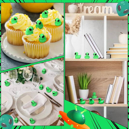 50 Pcs Green Alien Duck Figurine Halloween Mini Funny UFO Sci-fi Resin Duck for Party Favors Dashboard Desk Cute Alien Decor Good Vibrations