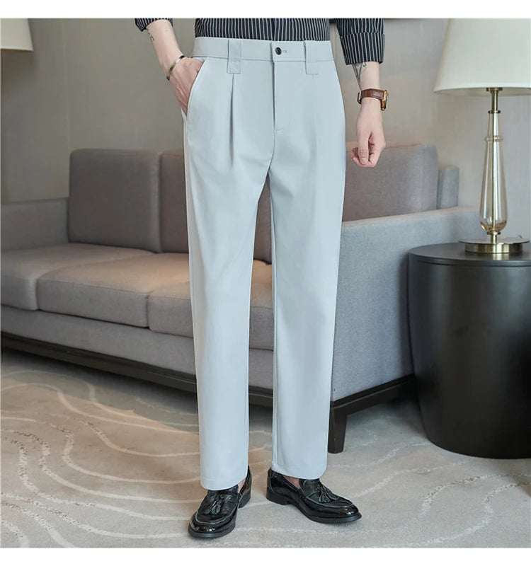 Men Straight Leg Suit Pants Summer Ice Silk Lightweight Elastic Waist Casual Loose Wide-leg Trousers Dress Pants Men Clothing