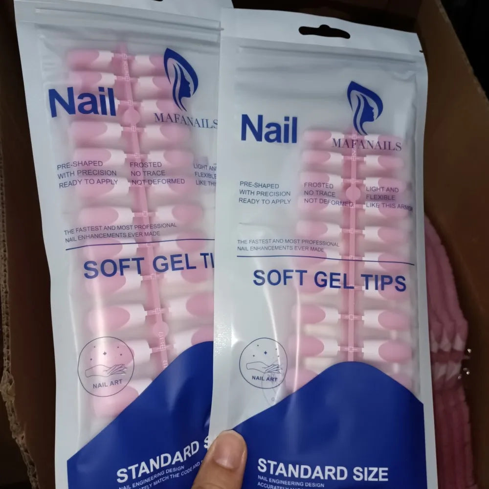 120pcs Pink French Tip Press-On Nails Medium Length Square Shape With Glossy Finish False Nails Full Cover Pre-Shaped Fake Nails Good Vibrations