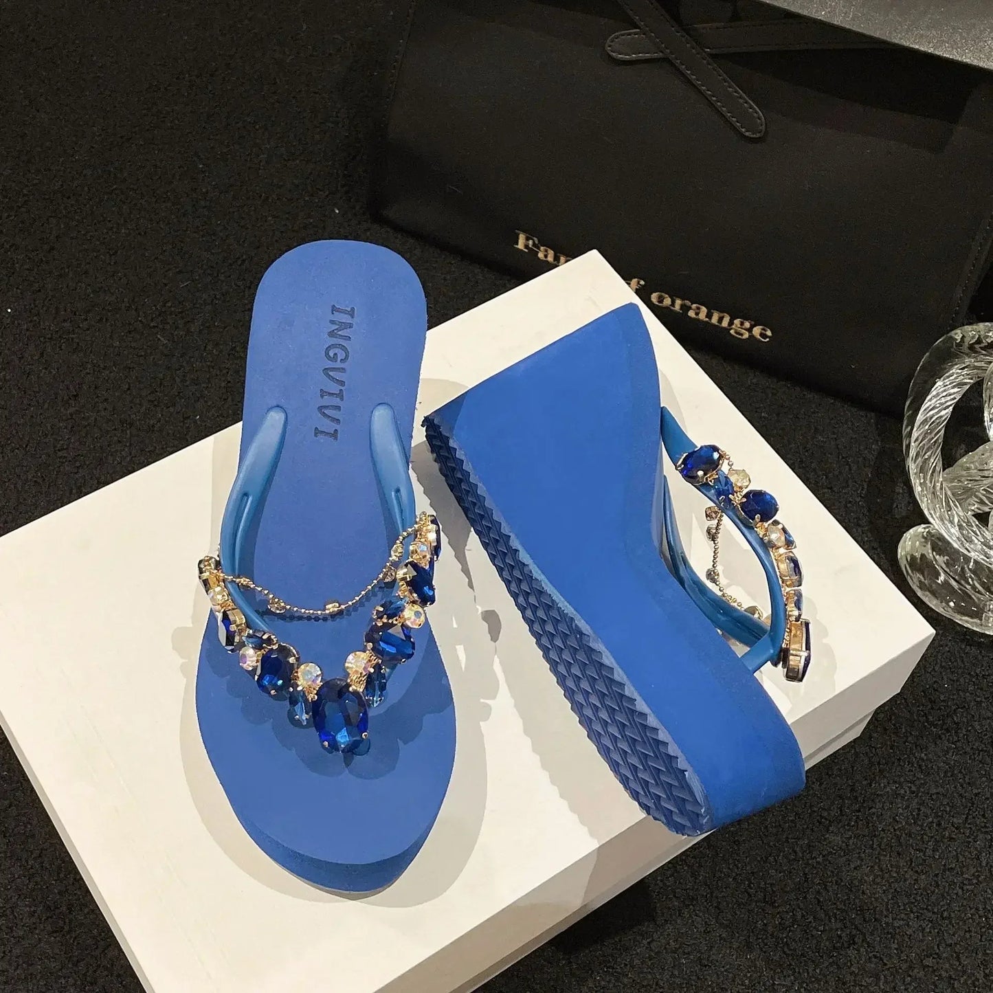 Flip Flops Women New High Heeled Slippers Women Diamond Slope Heel Slippers Elegant Fashion Beach Sandals Womens Sexy Shoes Good Vibrations