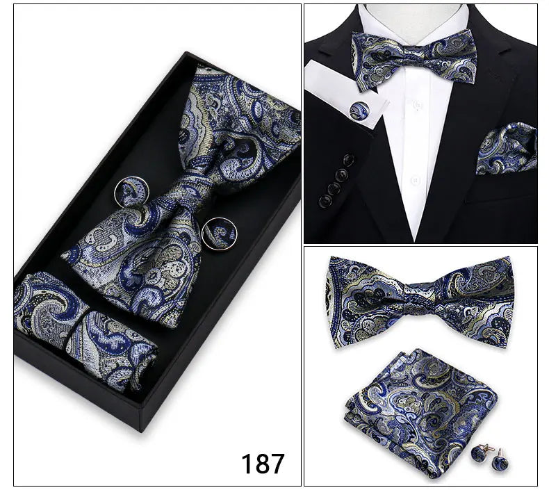Bowtie For Men Set Gift Box Business Gift Fashion Bow Tie Pocket Square Cufflinks Set Bowtie 3pcs For Wedding Hanky Cravata Neck Good Vibrations