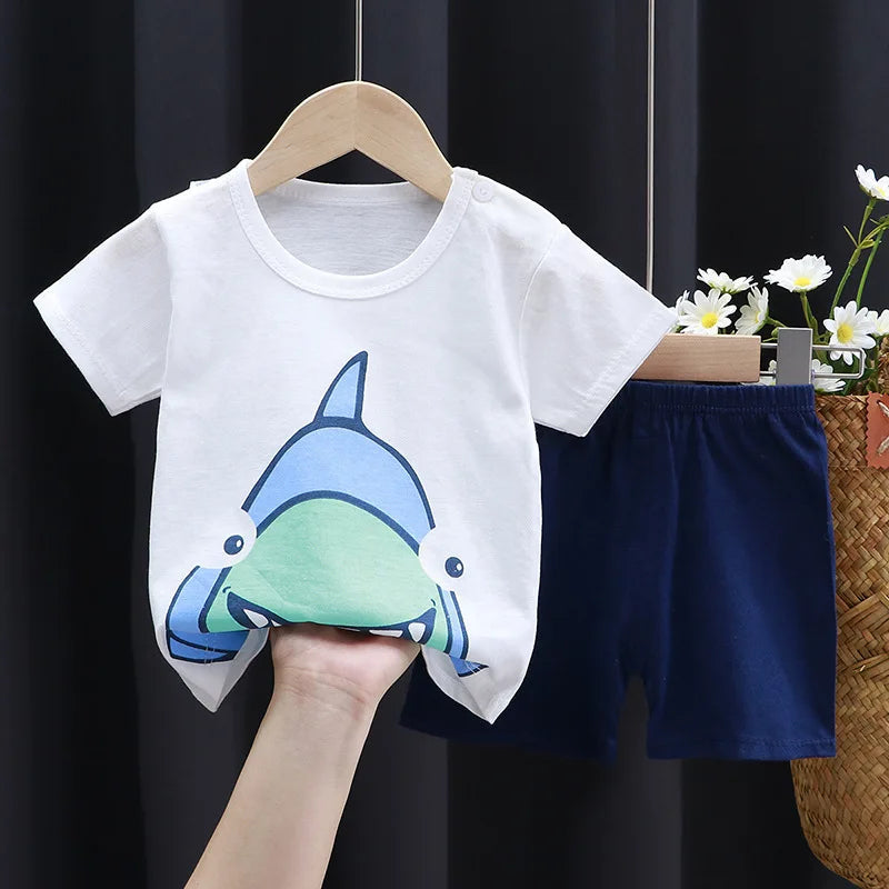 Child Clothing Sets Boys Cartoon Print Tshirt Simple Fashion Tees Shorts New Cute Tops Tracksuits Kids Short Sleeve Tops Shorts Good Vibrations