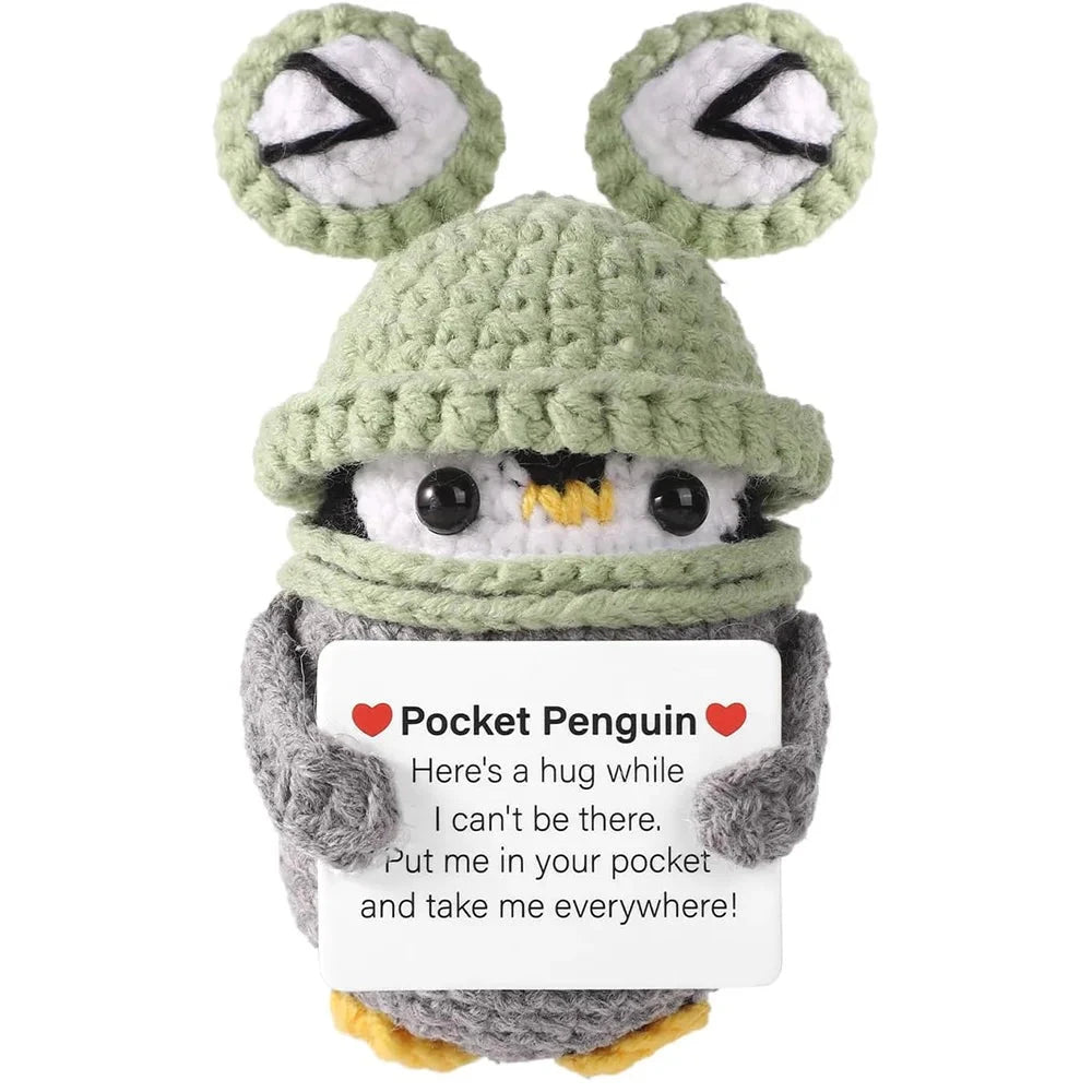 Funny Positive Energy Penguin Hug Pocket Doll Mini Handmade Plush Knitted Penguin Ornament Home Room Decoration Christams Gift Good Vibrations