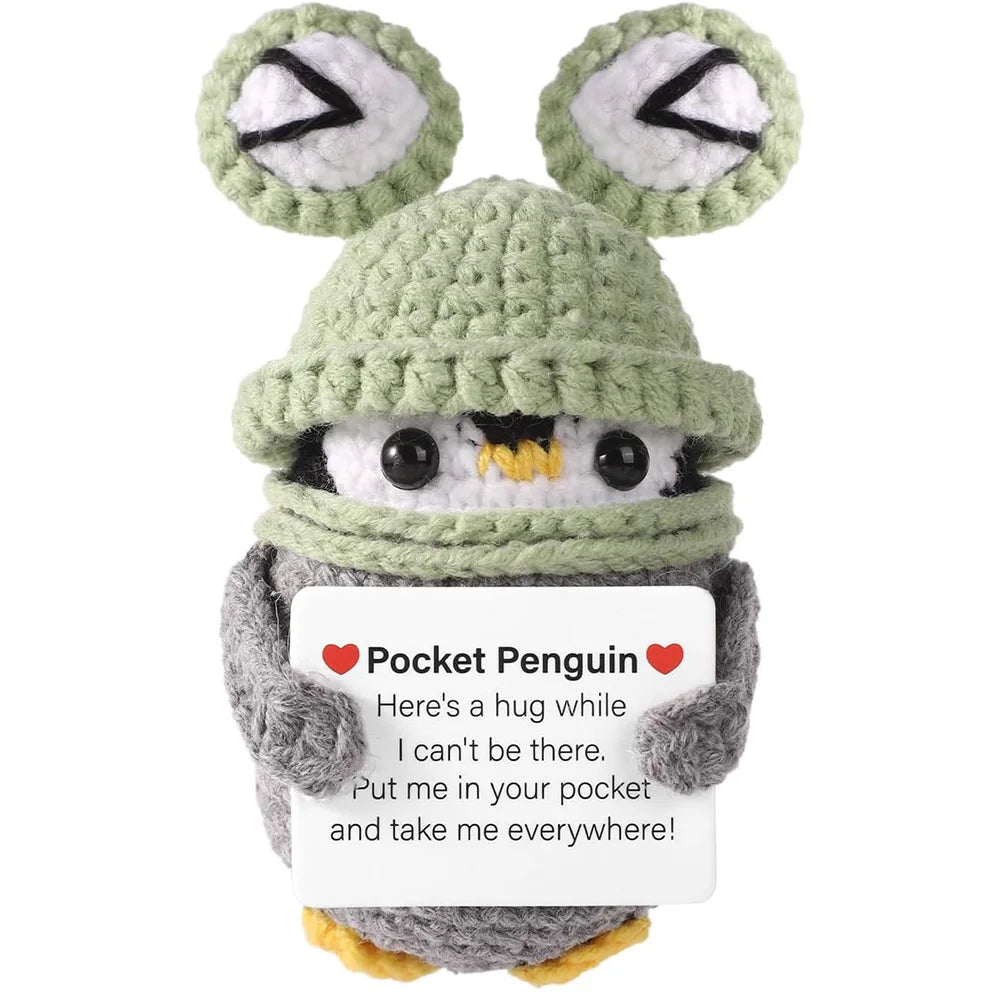 Funny Positive Energy Penguin Hug Pocket Doll Mini Handmade Plush Knitted Penguin Ornament Home Room Decoration Christams Gift Good Vibrations