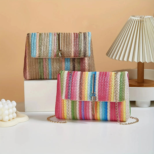 Chic Rainbow Stripe Straw Crossbody Bag for Women Adjustable Shoulder Strap Magnetic Closure Tassel Accent, Fashion Square Purse Good Vibrations