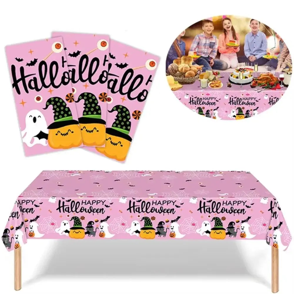 Pumpkin Ghost Pattern Halloween Tablecloth Halloween Theme Plastic Disposable Table Cover Pink Table Runner Table Decoration Good Vibrations