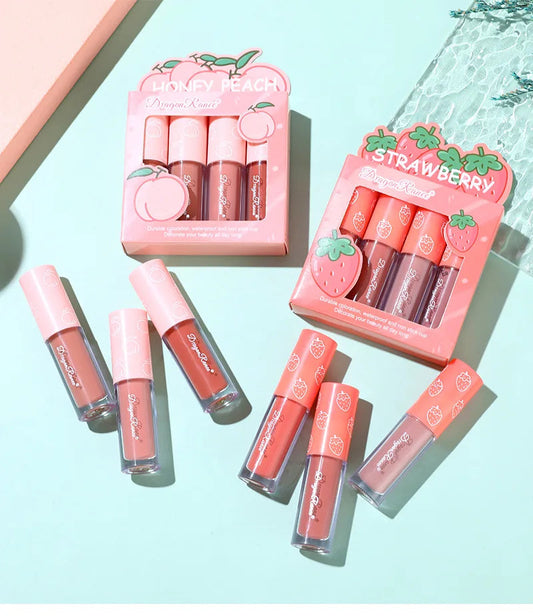 Mini Velvet Matte Lip Gloss Set, 4-Piece Non-Fading, Non-Stick Cup, Long-Lasting Fruit Scented Lip Tint, Smooth and Lightweight Good Vibrations