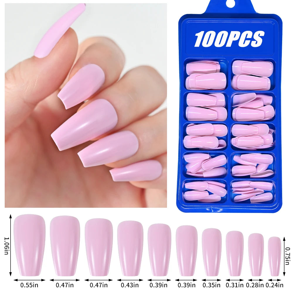 100Pcs Light Pink Press on Nails Short Medium Square Wearable Fake Nails Tips 10 sizes Full Cover False Nails Finger Decoration Good Vibrations