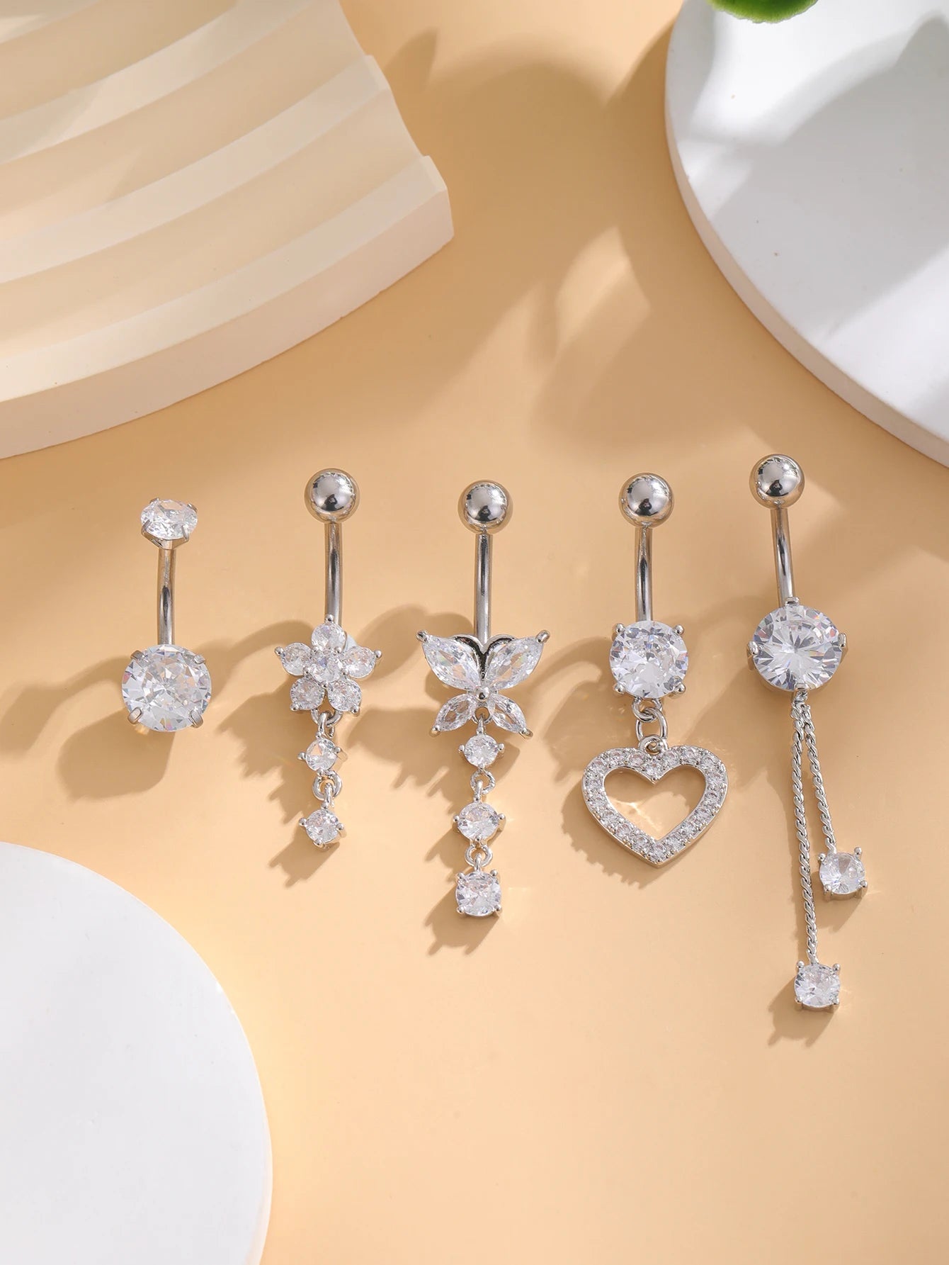 5pcs/lot Dangled Belly Button Rings Belly Piercing Sets 14G Butterfly Heart Curved Navel Piercing for Women Girls Body Jewelry Good Vibrations Adult Super Store