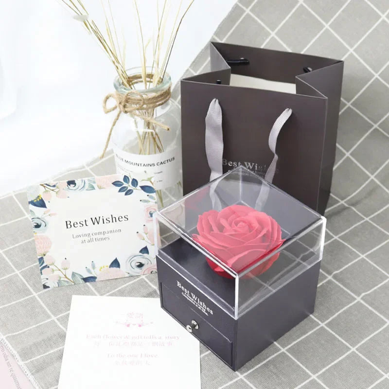 1 Rose Gift Box Artificial Flower Box+Carry Bag Ring Jewelry Storage Box Christmas Valentine's Day Mom Wedding Girlfriend Gifts Good Vibrations