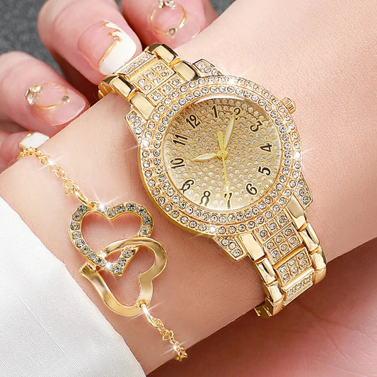 6PCS/Set Women's Watch Fashion Rhinestone StainlessSteel Band Quartz Watches Heart Jewelry Set Good Vibrations