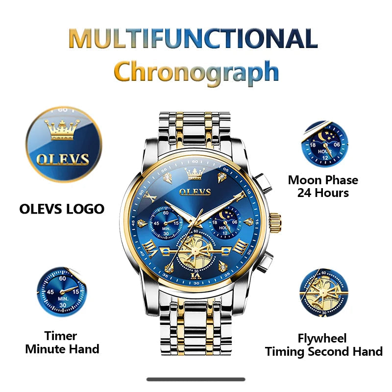 OLEVS Men's Watches Classic Multifunctional Fltwheel Chronograph Original Quartz Wristwatch Moon Phase 24 Hour Waterproof reloj Good Vibrations