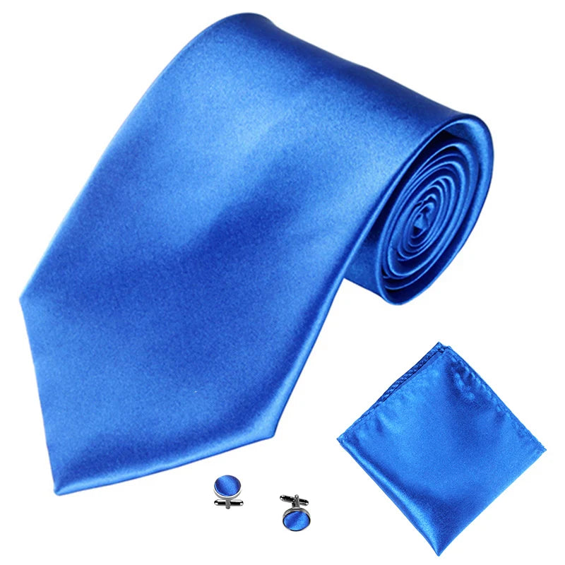 Fashion Men Women Tie Set 10CM 4'' Wedding Accessories Black White Red Blue Gray Yellow Pink Purple Cufflinks Hanky Necktie Sets Good Vibrations