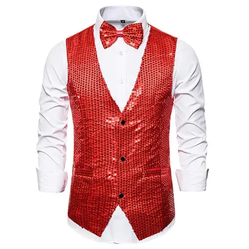 Gold Men's Sequin Vest Jacket, Single-breasted V-neck Sleeveless Vests Coat, Wedding Party Waistcoat Silver Blue Purple Red Tops