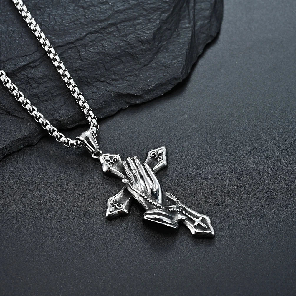 Necklace For Men National Retro Style Hand Of Prayer Stainless Steel Cross Fresh Fashion Necklace Personality Niche Pendant Good Vibrations
