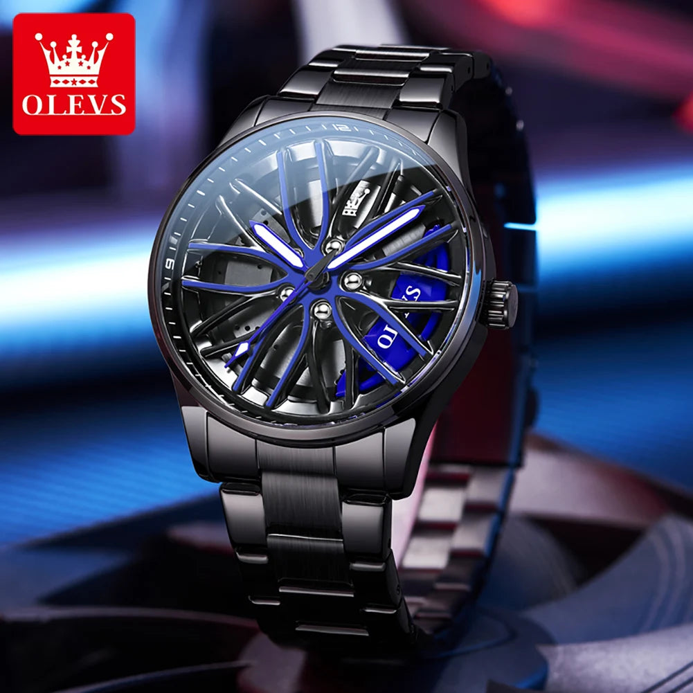 OLEVS Watch for Men 360° Rotary Dial Sport Car Rim Wheel Hub Waterproof Luminous Fashion Stainless Steel Men's Quartz Wristwatch Good Vibrations
