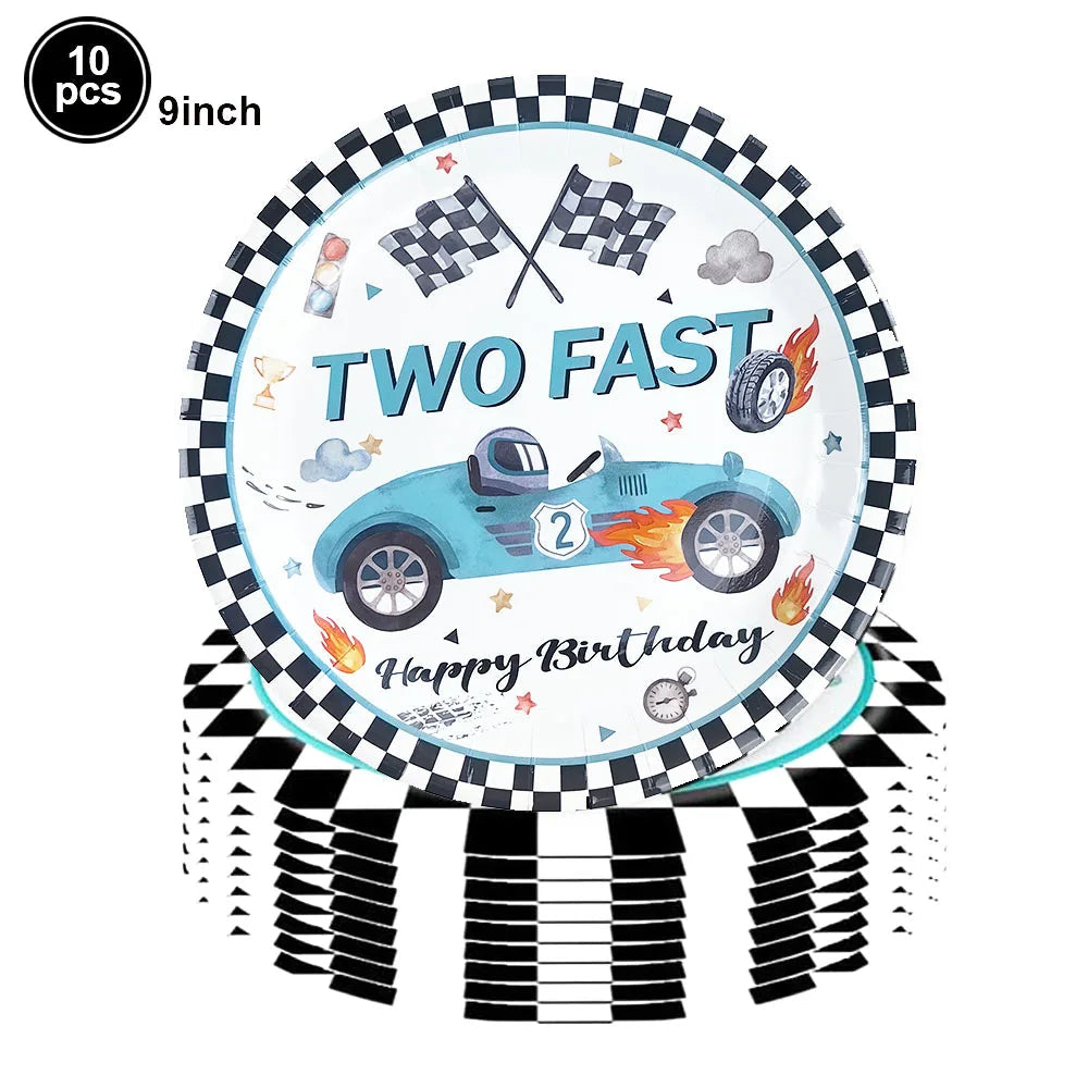 Race Car Party Tableware Plates Napkins Cup Two Fast Birthday Party Supplies Boys Racing Themed Two Years Old Party Decorations Good Vibrations