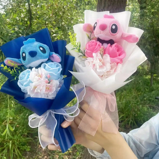 Cartoon Anime Stitch Plush Bouquet Doll Toys Stuffed Animals Creative Handmade Bouquets Birthday Christmas Valentine Gifts Good Vibrations