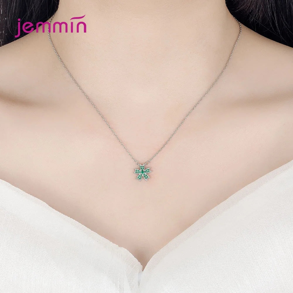 Charm 925 Sterling Silver Jewelry Sets Shiny Cherry Blossoms Cubic Zircon Necklace Earrings Bracelet for Women Girls Party Gift Good Vibrations