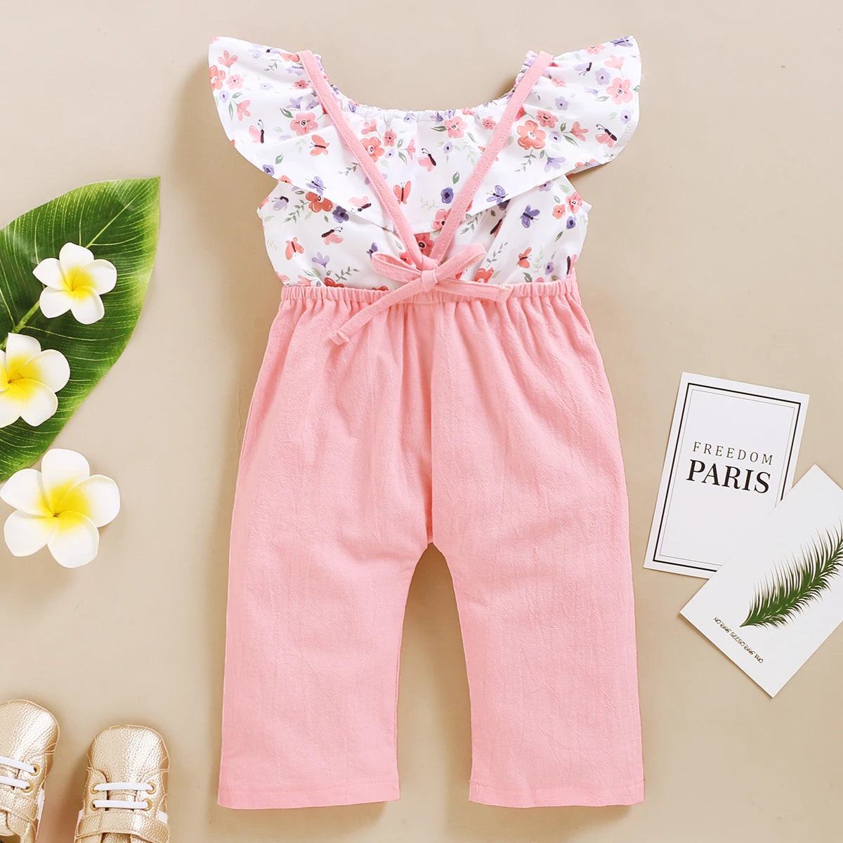 1-5Years Toddler Girl Clothes Set Floral Print Lotus Leaf Sleeve Top+ Suspender Pant Summer Fashion 2PCS Outfits for Kids Girl Good Vibrations