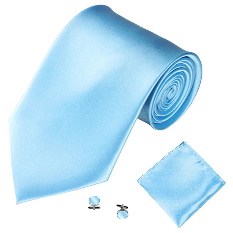 Fashion Men Women Tie Set 10CM 4'' Wedding Accessories Black White Red Blue Gray Yellow Pink Purple Cufflinks Hanky Necktie Sets Good Vibrations