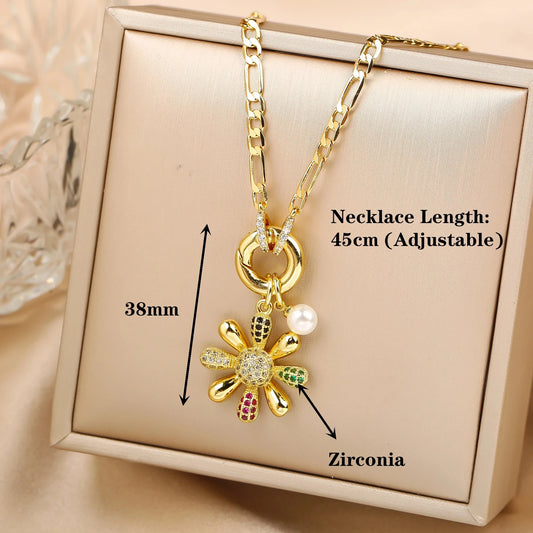 New Arrival Luxury Botanical Flower Sunflower Zirconia Pendant Necklace Glamorous for Woman Girl New Trend Neck Jewelry Gift Good Vibrations Adult Super Store