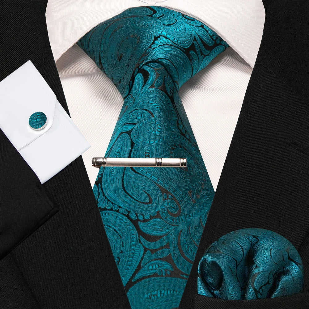 8cm Silk Mens Ties Green Black Ties plaid stripe NeckTie Pocket Square Cufflinks Tie clips Set Men's Wedding business Party Tie Good Vibrations