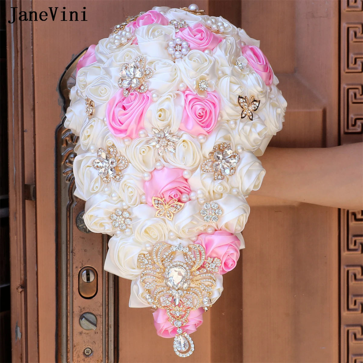JaneVini Luxury Golden Rhinestones Pink Ivory Cascading Flowers Waterfall Bridal Bouquets Artificial Satin Roses Wedding Bouquet Good Vibrations