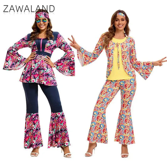 Couple Hippie Disco Costume 70S Vintage Top Pants Headband Dancer Set Carnival Fancy Outfit Indian Primitive Indigenous Clothes Good Vibrations