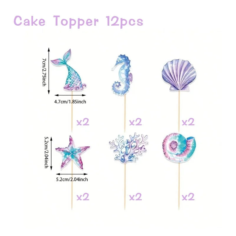 6/12/24pcs Mermaid Cake Toppers,Birthday Party Decoration,Reusable Mermaid Tail Happy Birthday Dessert Cake Topper,Cake Supplies Good Vibrations