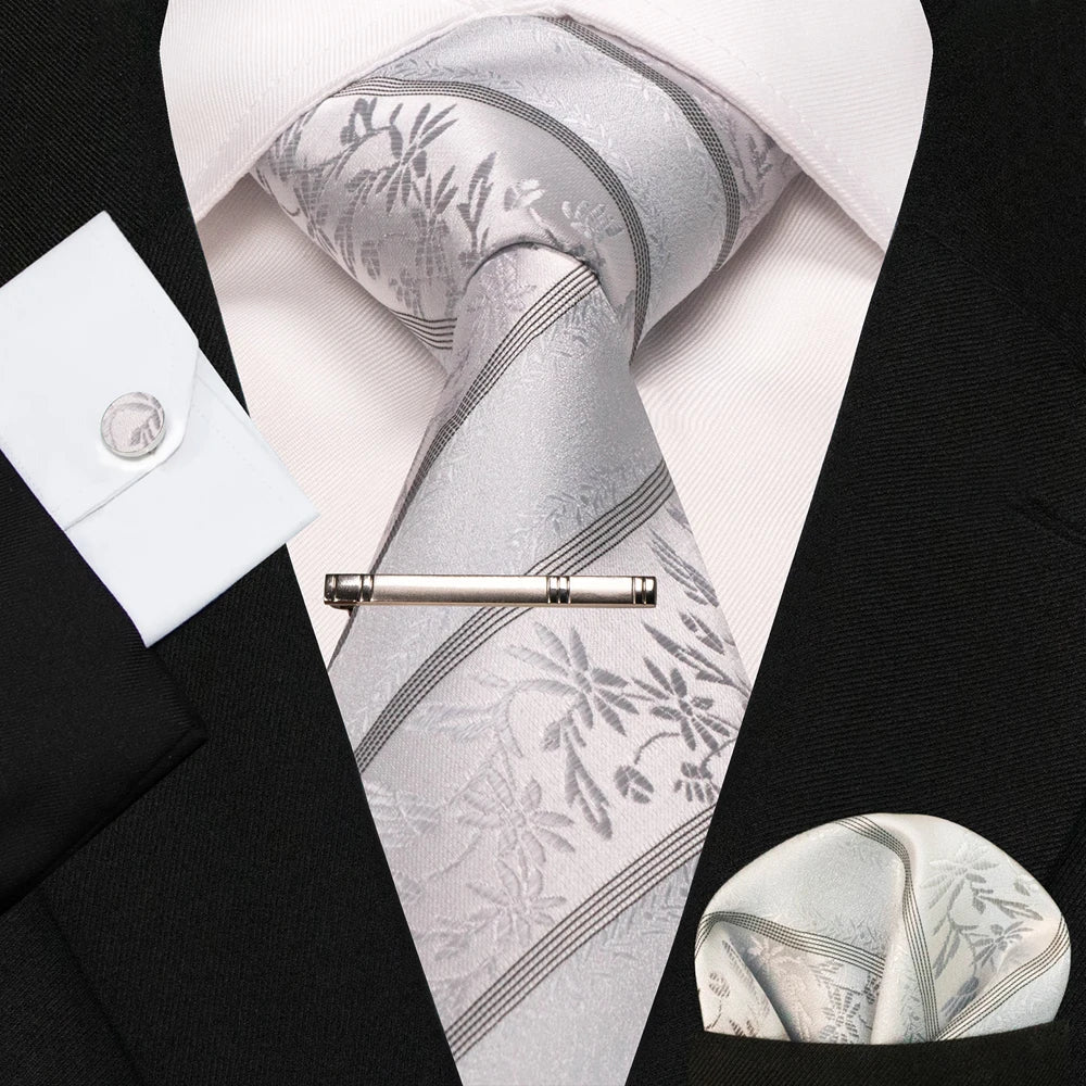 8cm Silk Mens Ties Green Black Ties plaid stripe NeckTie Pocket Square Cufflinks Tie clips Set Men's Wedding business Party Tie Good Vibrations