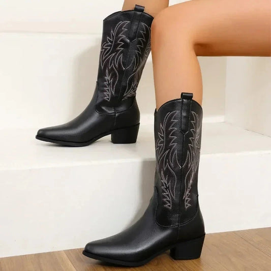 Women's Mid-Calf Boots 2024 New Autumn Winter Shoes Women Fashion Chunky Heeled Boots Vintage Western Cowgirl High Heels Boots Good Vibrations