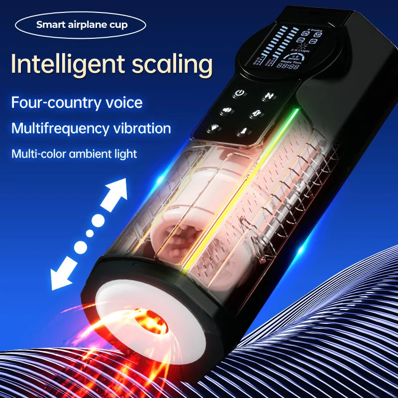 Automatic telescopic male masturbation cup with intelligent scaling and multicolor ambient light.