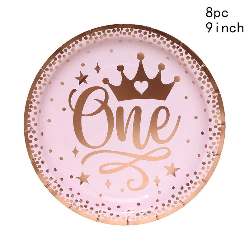 8Guests Pink One Year Old Birthday Disposable Tableware Crown Plates Cups Napkins Girls Princess Happy One 1st Birthday Party Good Vibrations