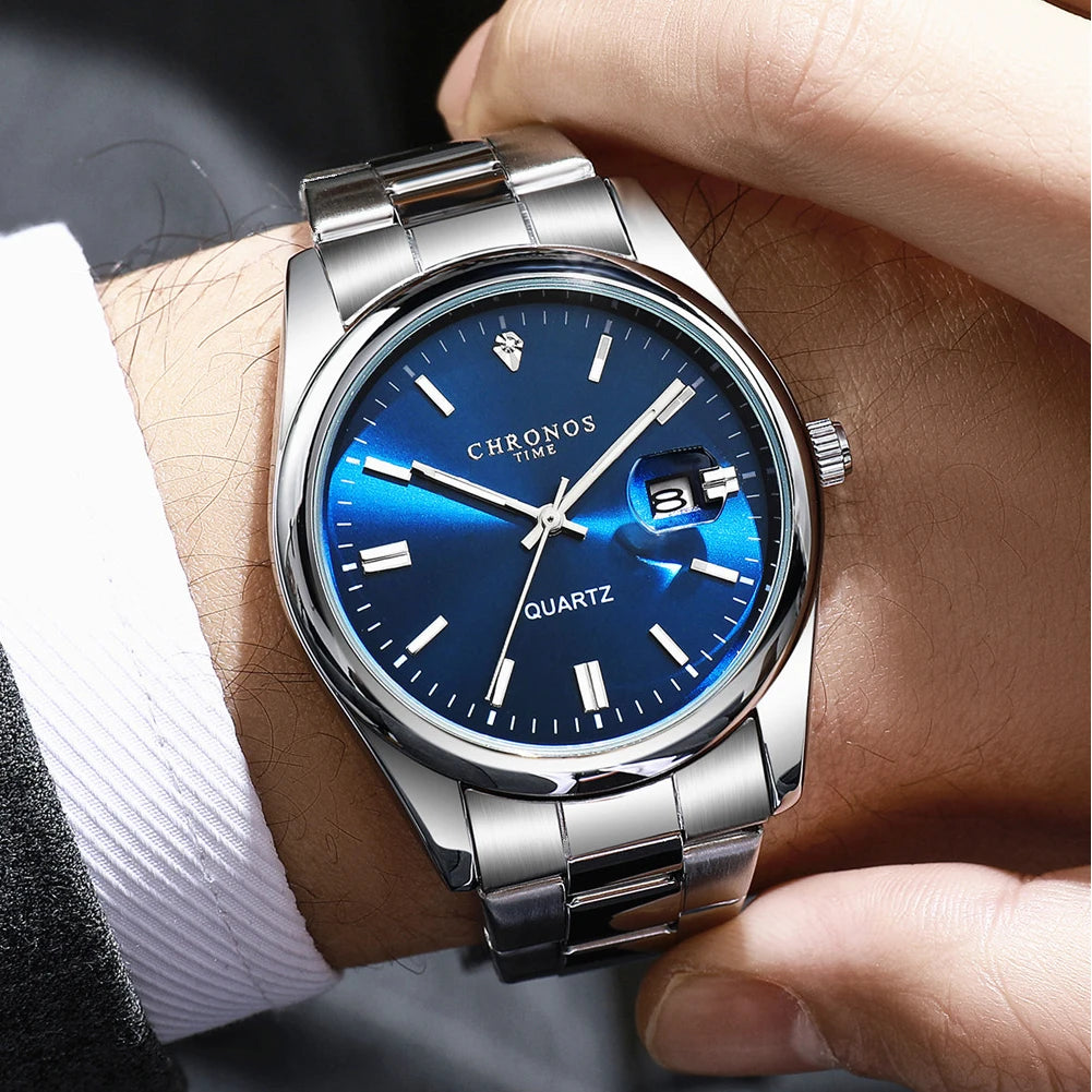 CHRONOS Top Brand Luxury Man Wristwatch Waterproof Luminous Date Men Watches Stainless Steel Quartz Men's Watch Male reloj Good Vibrations