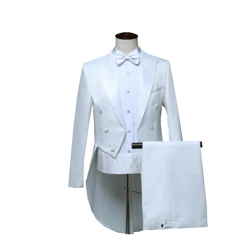 Mens Tuxedo Tailcoat Formal Dress Suits Swallow Tail Coat Navy Blue Male Jacket and Pants Party Wedding Dance Magic Performance Good Vibrations
