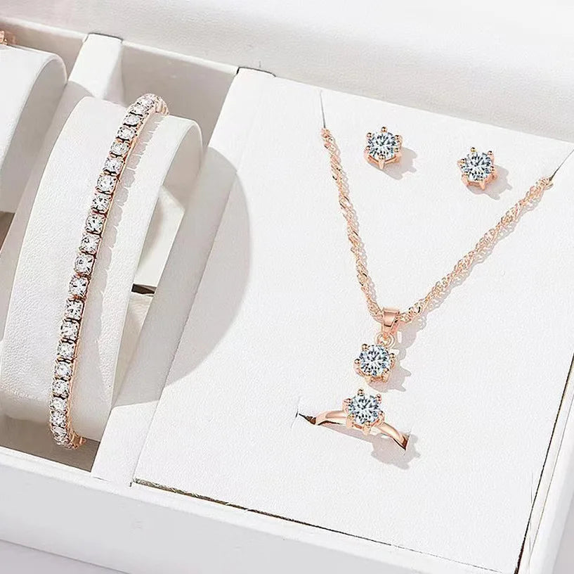 5Pcs Elegant Crystal Jewelry Set Zirconia Ring Necklace Bracelet Earrings Simple Set Jewelry Fashion Versatile Trendy Jewelry Good Vibrations