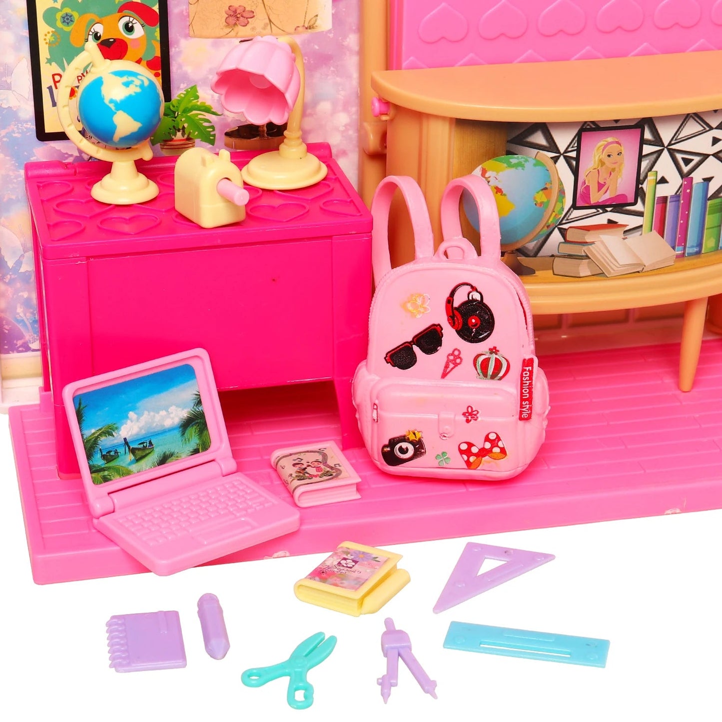 Cute Miniature Dollhouse Study Accessories for Doll 18 Items Mini Laptop Ruler Globe Pencil Table Lamp for Barbie Kids Toys Good Vibrations