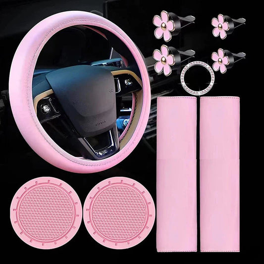 10 Pcs Leather Steering Wheel Cover For Women Cute Car Accessories Set With Seat Belt Shoulder Pads Cup Holders Car Decorations Good Vibrations Adult Super Store