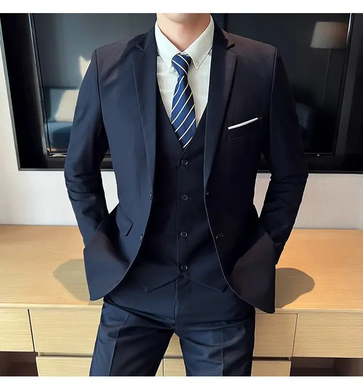 Suit (suit +Vest+Pants) Formal Business Men Four Seasons Professional Fashion Gentleman Solid Color Outdoor British Style Suit
