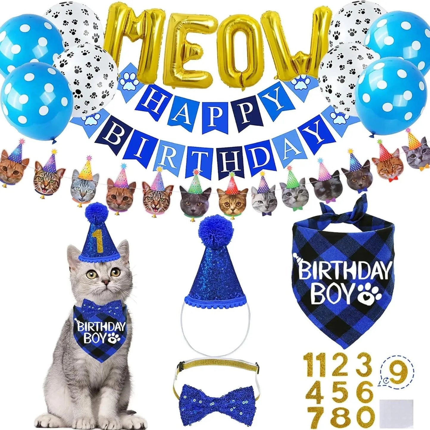Cat Birthday Party Supplies,Cat Birthday Hat with Cat Birthday Bandana Bow Tie Collar Birthday Number Cat Birthday Decorations Good Vibrations