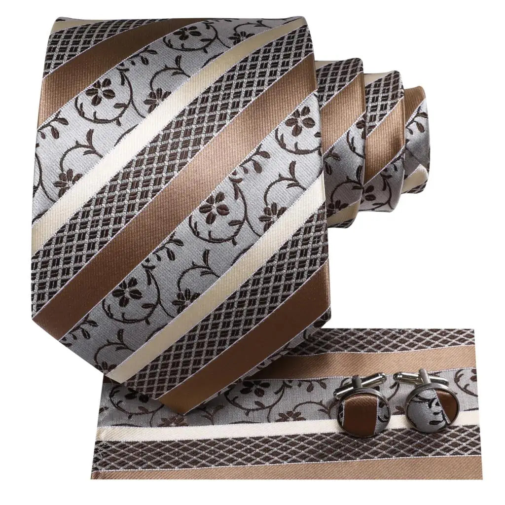 Hi-Tie Champagne Gold Striped Paisley Solid Men Silk Wedding Tie Fashion Design Necktie For Men Hanky Cufflink Business Party Good Vibrations