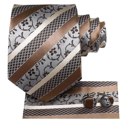 Hi-Tie Champagne Gold Striped Paisley Solid Men Silk Wedding Tie Fashion Design Necktie For Men Hanky Cufflink Business Party Good Vibrations